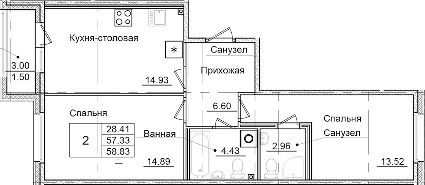 2-комнатная квартира 58.83 м², 2/9 эт., ЖК «Квартал Заречье»